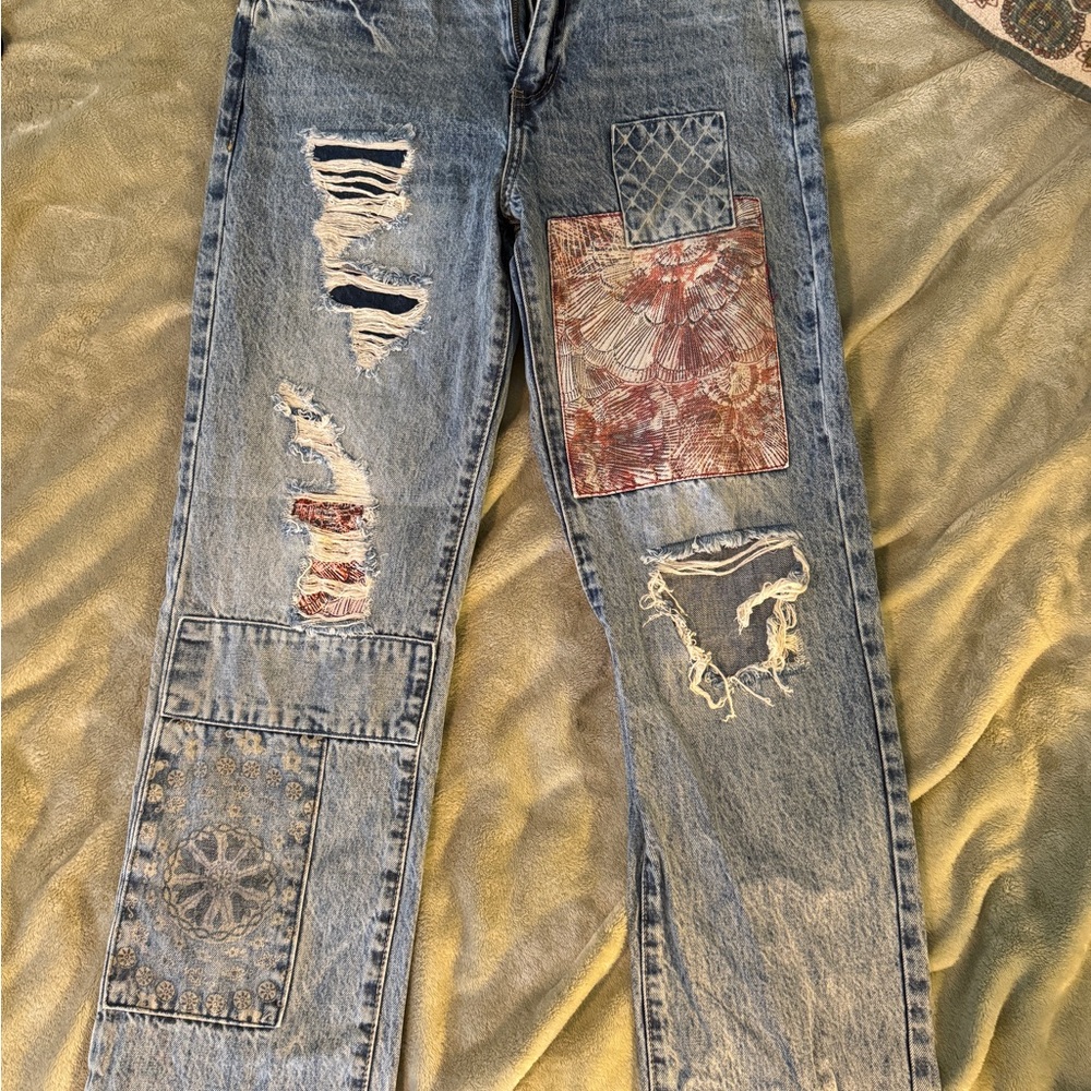 Patchwork Distressed Blue Jeans
